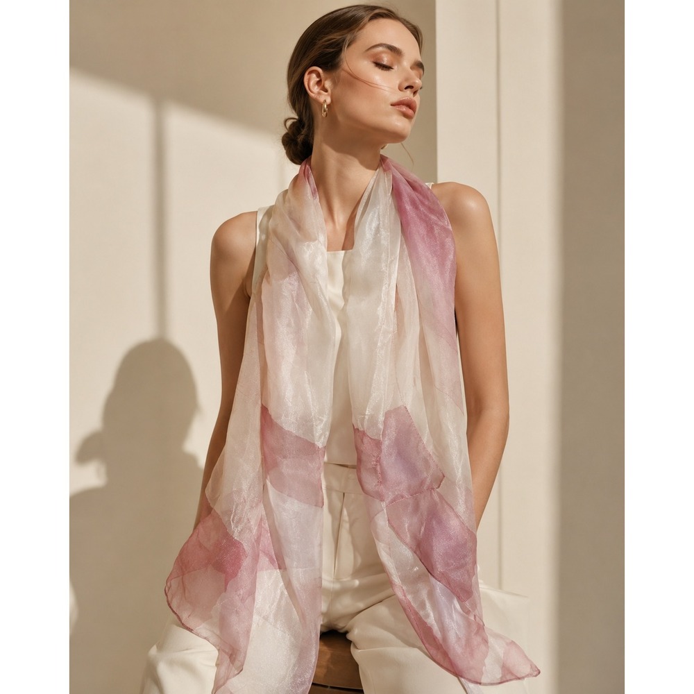 Nordstrom Silk Blend Scarf Made in Italy Mauve Pink Abstract Sheer Shimmer Wrap